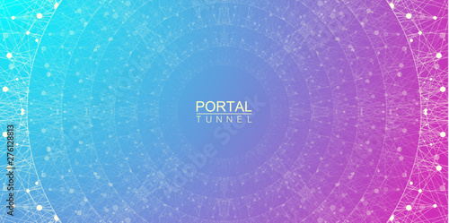 Geometric abstract background tunnel or wormhole with connected line and dots. Futuristic wormhole 3d space time portal visualization. Wireframe tunnel grid texture background. Vector illustration