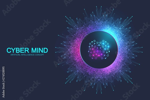 Cyber mind and Artificial Intelligence concept. Neural networks and another modern technologies concept. Brain Analysis. Futuristic cyber humanoid brain. Big Data stream. Technology vector brain