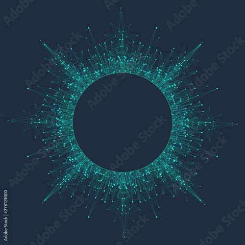 Expansion of life. Colorful explosion background with connected line and dots, wave flow. Visualization Quantum technology. Abstract graphic background explosion, motion burst, vector illustration.