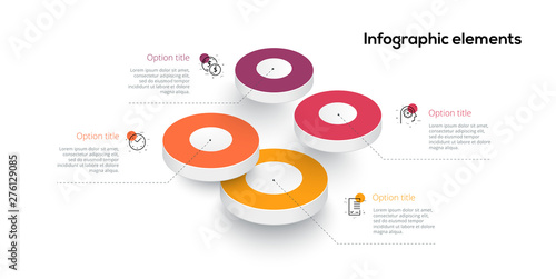 Business process chart infographics with 4 step circles. Circular corporate workflow graphic elements. Company flowchart presentation slide template. Vector info graphic design.