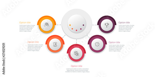 Business process chart infographics with 5 step circles. Circular corporate workflow graphic elements. Company flowchart presentation slide template. Vector info graphic design.