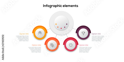 Business process chart infographics with 4 step circles. Circular corporate workflow graphic elements. Company flowchart presentation slide template. Vector info graphic design.