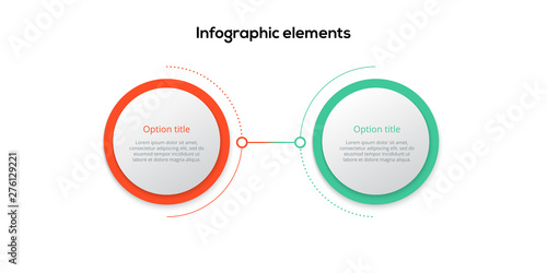 Business process chart infographics with 2 step circles. Circular corporate workflow graphic elements. Company flowchart presentation slide template. Vector info graphic design.