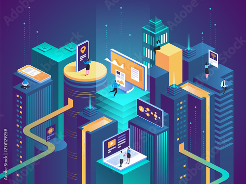 Smart city isometric concept Intelligent buildings