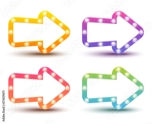 Set of color arrows with shiny light bulbs on white background