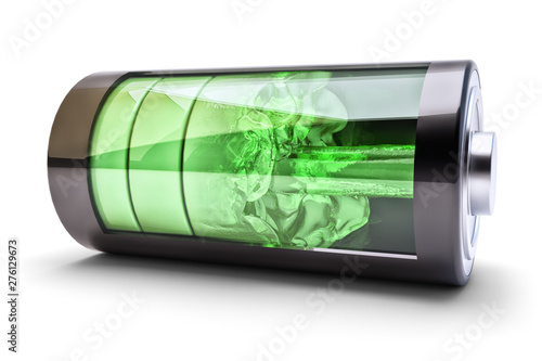 Wireless power source charging concept, accumulator battery with green charging level indicators and the flow of charging energy, isolated on white