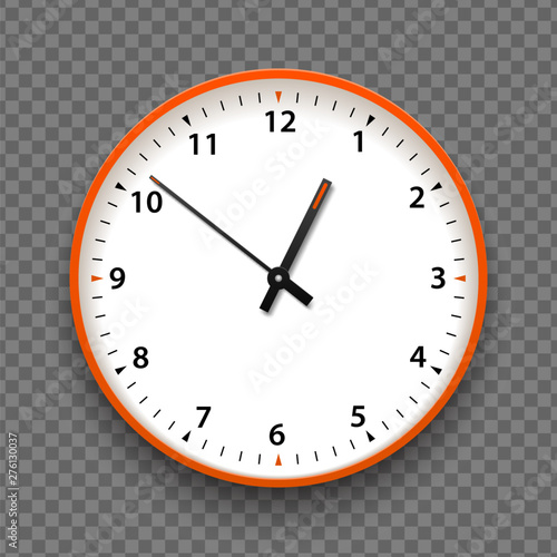 Orange and white wall office clock icon with numbers. Design template vector closeup. Mock-up for branding and advertise isolated on transparent background. Realistic round clock-face dial.