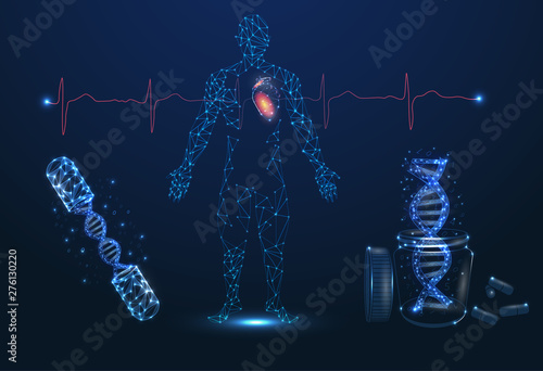 An abstract image of man and heart. Innovative technologies in medicine. Heart beats, pulse, healthy heart. DNA