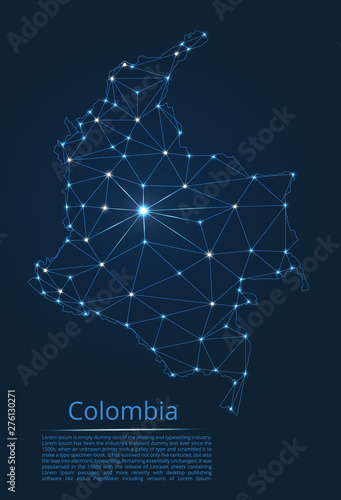 Colombia communication network map. Vector low poly image of a global map with lights in the form of cities in or population density consisting of points and shapes in the form of stars and space. photo