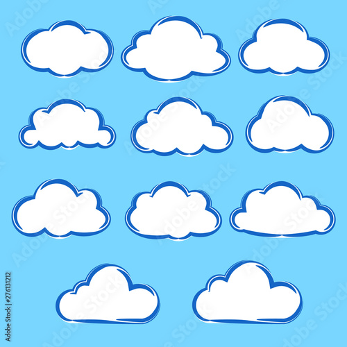 Collection set of variation cartoon clouds on blue sky background