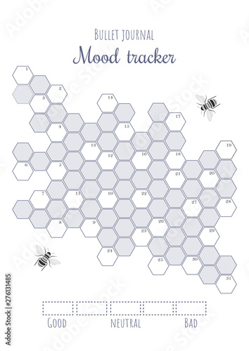 Printable mood tracker with uncolored and numbered honeycombs. Bullet journal ready to print vector illustration for 31 day of a month. B series paper aspect ratio. Also applicable for A paper series.