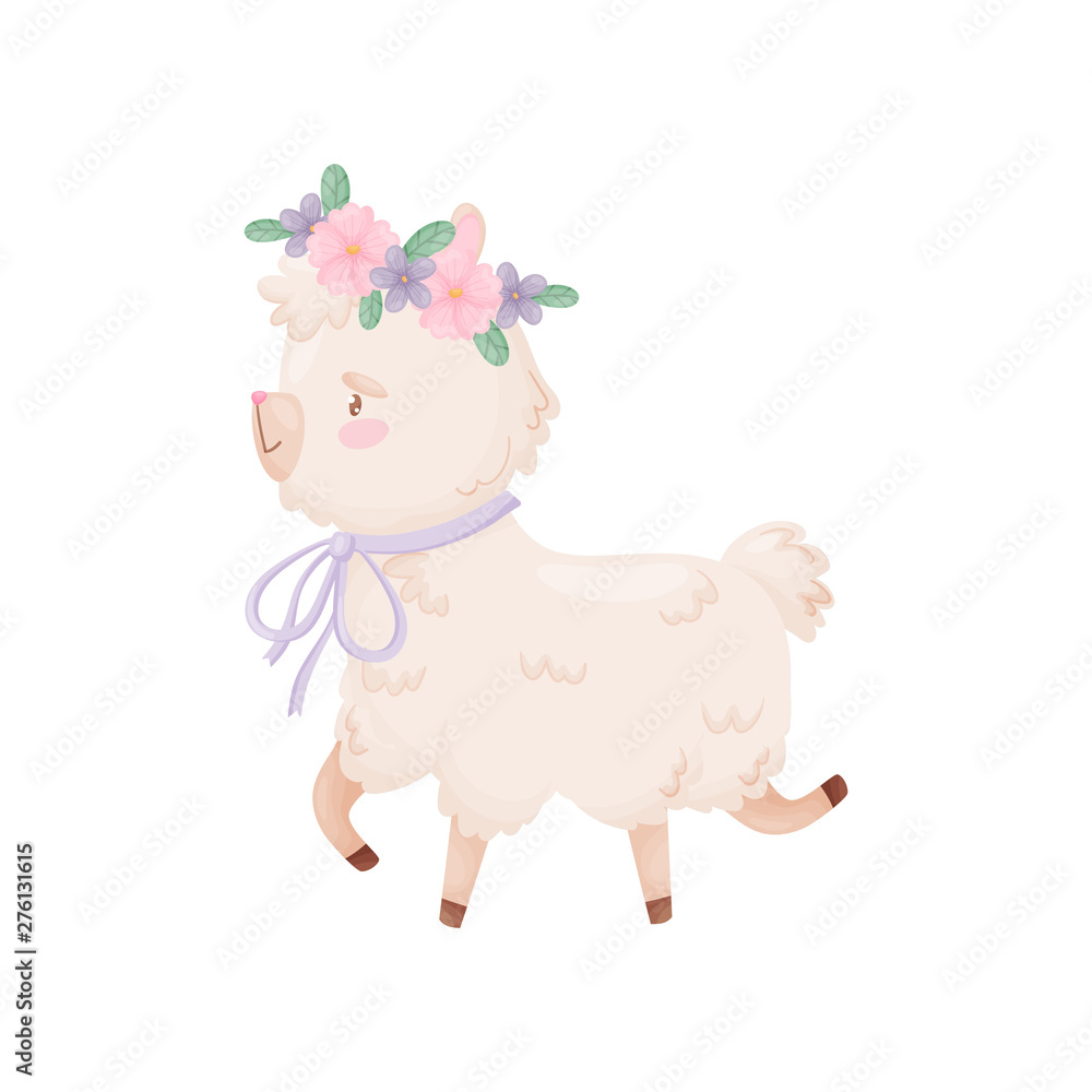 Cute cartoon llama is coming. Wreath of flowers on her head. Vector illustration on white background. Cute cartoon llama is coming. Wreath of flowers on her head. Vector illustration on white background.