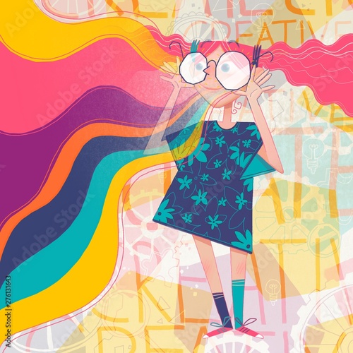 Girl wearing creative glasses on abstract colorful background (ID: 276131643)