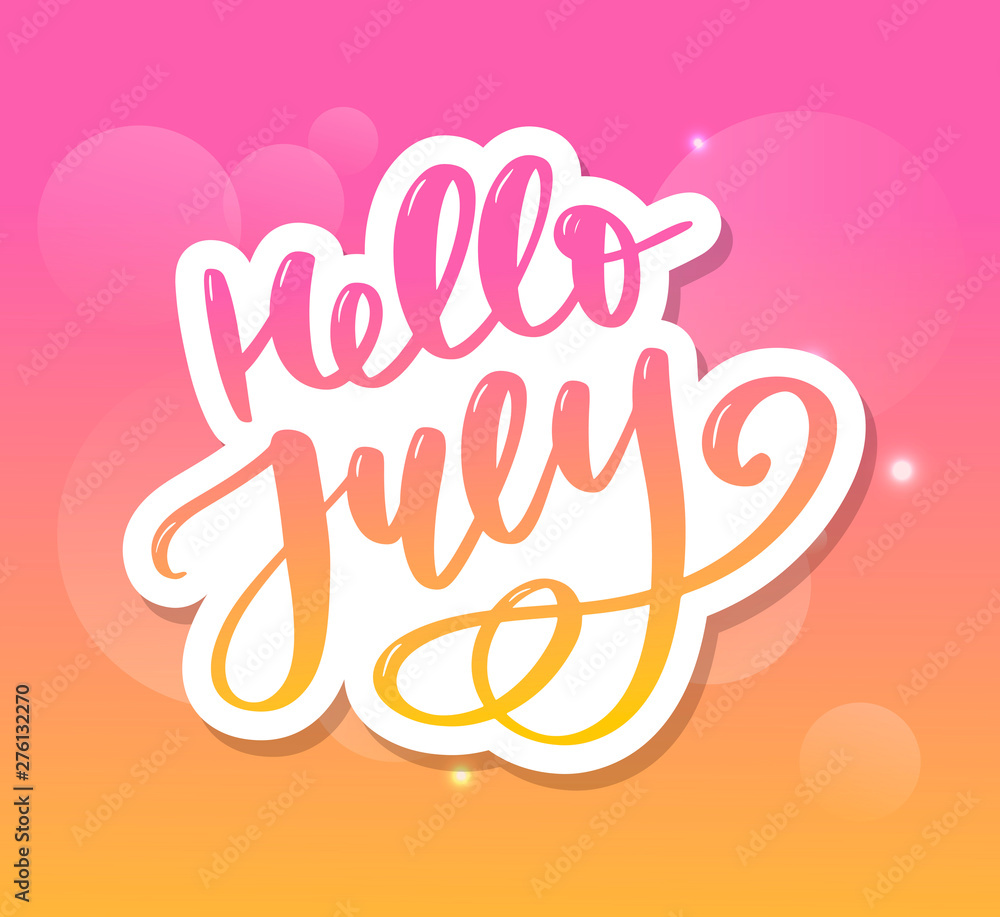 Obraz premium Hello july lettering print. Summer minimalistic illustration. Isolated calligraphy on white background.