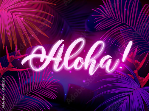 Dark blue and violet tropical party design with palm leaves and neon letters. Summer night vector illustration.