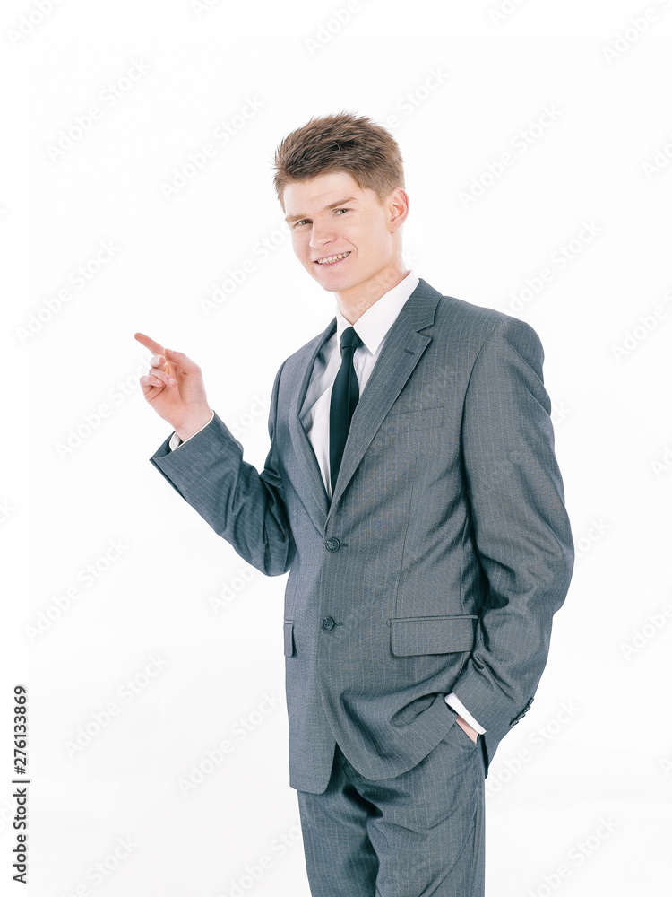 rear view.businessman pointing at a blank screen rear view.businessman pointing at a blank screen