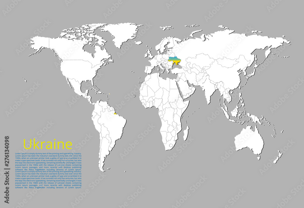 Map of Ukraine highlighted in blue and yellow colors on the world map