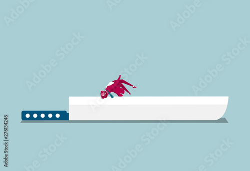 The businessman jumped high over the knife. Isolated on blue background.