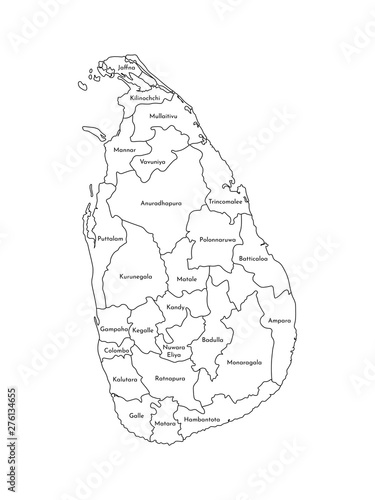 Vector isolated illustration of simplified administrative map of Sri Lanka. Borders and names of the regions. Black line silhouettes
