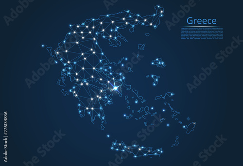 Map of Greece connection. Vector low-poly image of a global map with lights in the form of cities or population density, consisting of points and shapes in the form of stars and space.