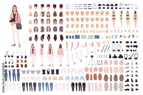 Girl photographer or photo journalist DIY kit or constructor set. Collection of body parts, clothes, accessories. Cute female cartoon character. Front, side, back views. Flat vector illustration.