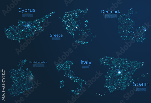 Map of communication networks of 6 countries of Europa. Vector poly image of a global map with lights in the form of cities or population density, consisting of points and shapes in the form of stars.