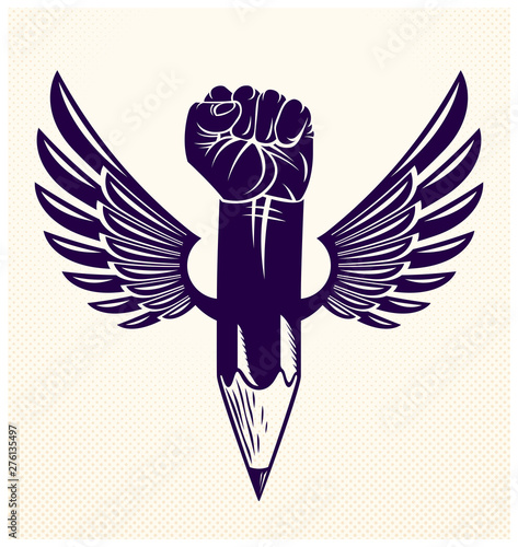 Strong design or art power concept shown as a winged pencil with clenched fist combined into symbol, vector logo or creative conceptual icon for designer or studio.