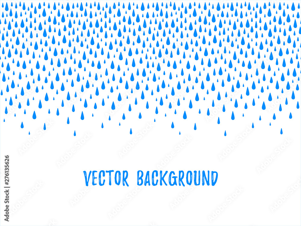 Autumn border, frame made of uneven falling water drops, droplets, raindrops, tears of various size. Seamless in horizontal direction fall template, design element. Blue aquatic rainy text background. - obrazy, fototapety, plakaty 