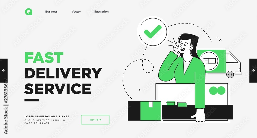 Presentation slide template or landing page website design. Business concept illustrations. Modern flat outline style. Delivery service Presentation slide template or landing page website design. Business concept illustrations. Modern flat outline style. Delivery service