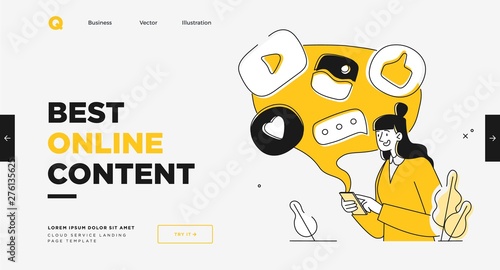 Presentation slide template or landing page website design. Business concept illustrations. Modern flat outline style. Online media