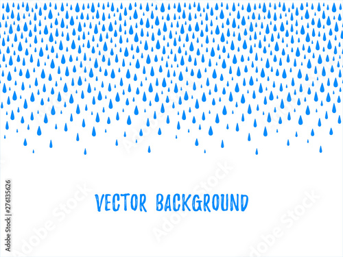 Autumn border, frame made of uneven falling water drops, droplets, raindrops, tears of various size. Seamless in horizontal direction fall template, design element. Blue aquatic rainy text background.