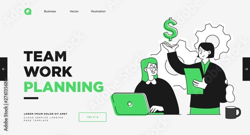 Presentation slide template or landing page website design. Business concept illustrations. Modern flat outline style. Teamwork concept