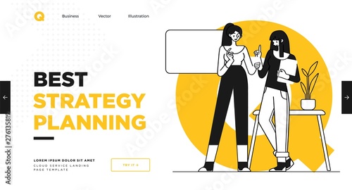Presentation slide template or landing page website design. Business concept illustrations. Modern flat outline style. Work organization concept