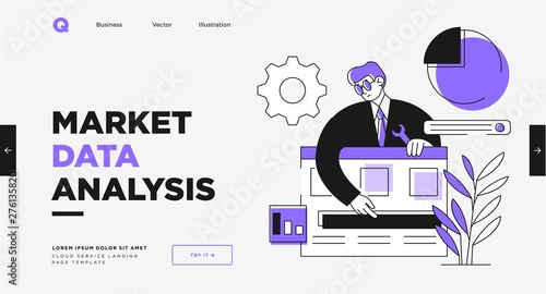 Presentation slide template or landing page website design. Business concept illustrations. Modern flat outline style. Research innovations and solutions
