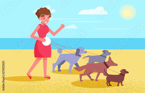 Dog walking services Woman walks with four dogs