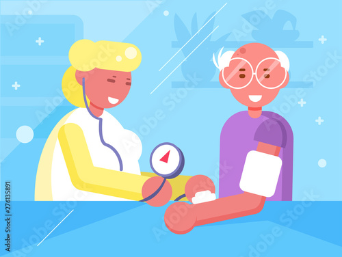 Measurement of blood pressure at the doctor Vector. Cartoon. Isolated art