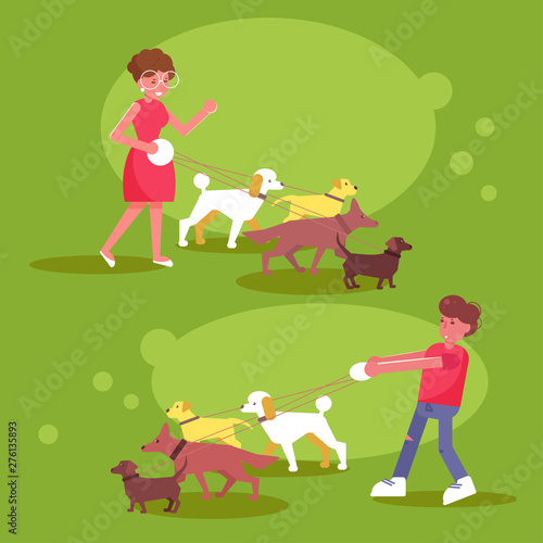 Dog walking services Woman and man walk with four dogs