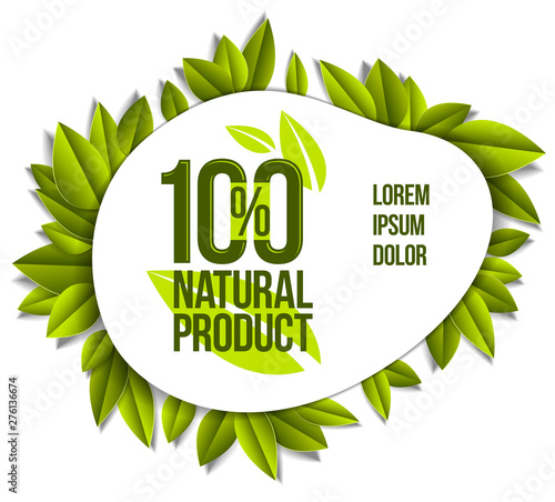 Organic food, natural product badge, 100 percent natural design element, organic products promotion, vector design made in paper cut realistic style.