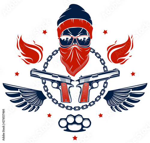 Anarchy and Chaos aggressive emblem or logo with wicked skull, weapons and different design elements , vector vintage scull tattoo, rebel gangster criminal and revolutionary.