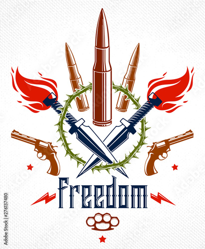 Revolution and War vector emblem with bullets and guns, logo or tattoo with lots of different design elements, riot partisan warrior, criminal and anarchist style, social tension theme.