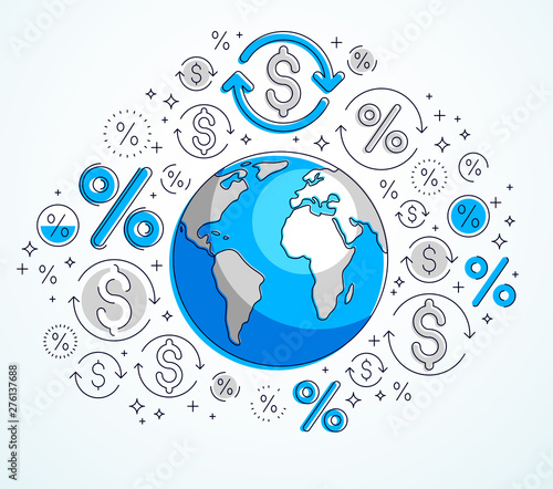 Global economy concept, planet earth with dollar icons set, international business, currency exchange, internet global network connection, vector, elements can be used separately.
