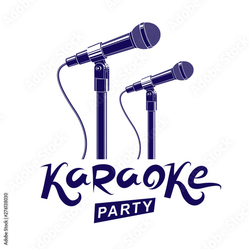 Karaoke party promotion poster design. Rap battle concept, two stage microphones vector illustration.