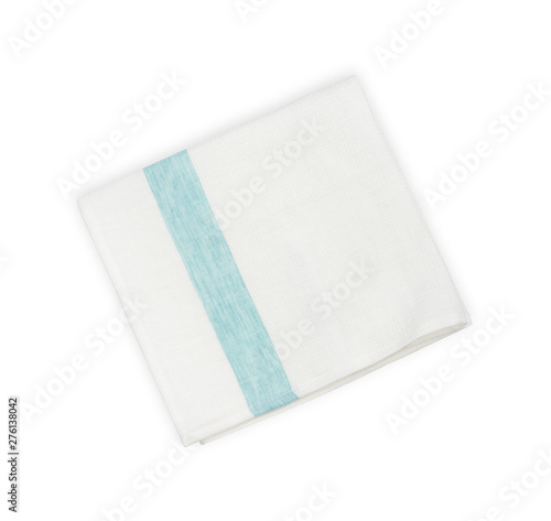 Folded linen napkin with blue line isolated on white background