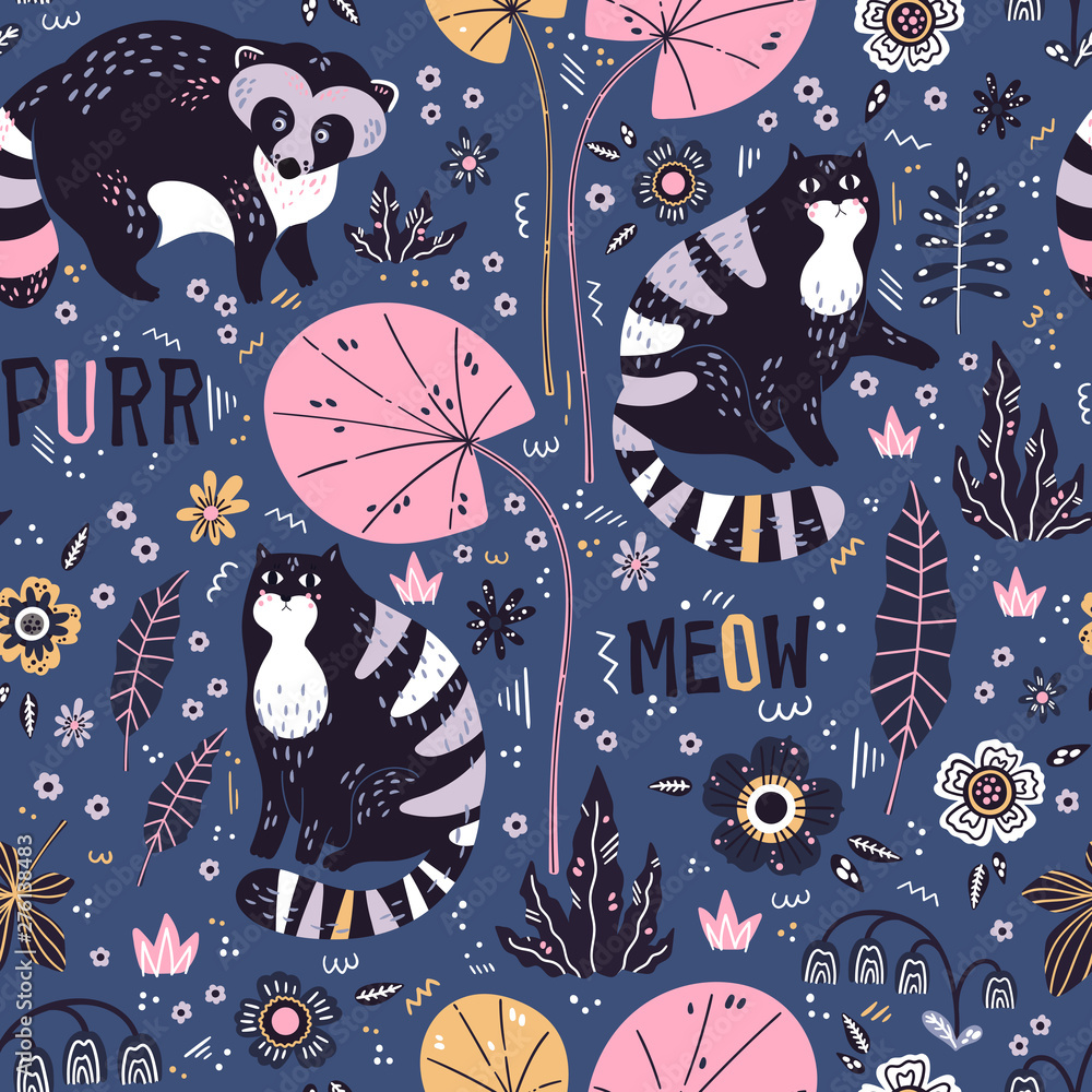 Vector flat hand drawn raccoons and cats with plants and flowers. Seamless pattern. Vector flat hand drawn raccoons and cats with plants and flowers. Seamless pattern.