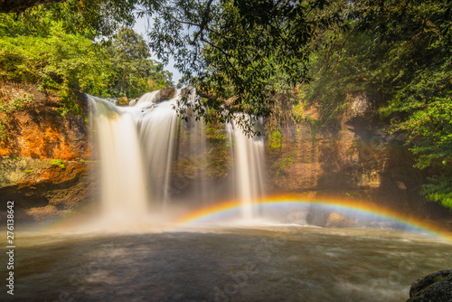 Here is the paradise on the world.The waterfall and beautiful perfect rainbow.Natural will always comfort you and make you feel comfortable.Large trees help this pic feel naturally  rainy season
