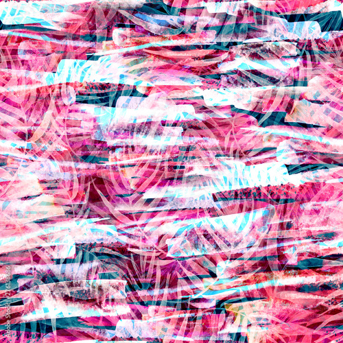 Tropical leaves.Watercolor leaves of a tree, palms, bamboo, nettle, abstract splash. Watercolor abstract seamless background, pattern, spot,splash of paint, color. Tropic pink red pattern.