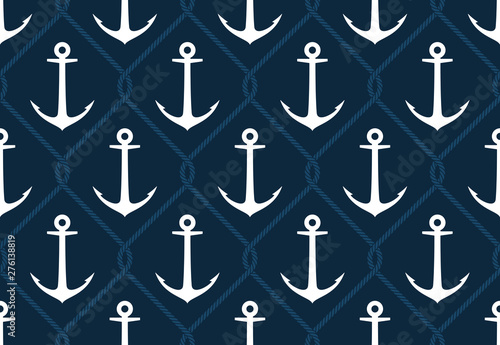 Seamless vector texture white steel ship anchor and intertwined with ropes. Blue background.