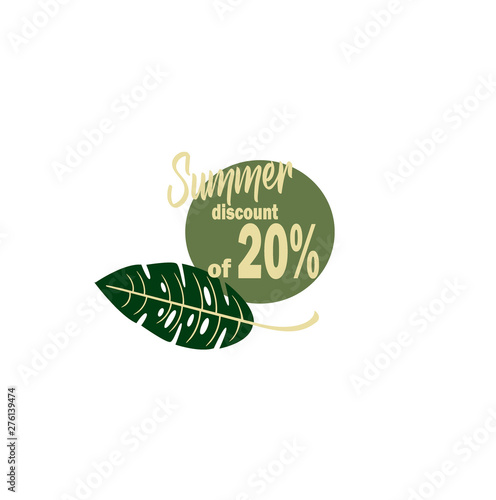 Vector icon - summer big discount of  20% of the  leaf monstera. Black Friday - shopping day. Stylish advertising discounts and sales. Business idea - seasonal sale in the store