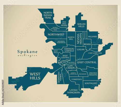 Modern City Map - Spokane Washington city of the USA with neighborhoods and titles