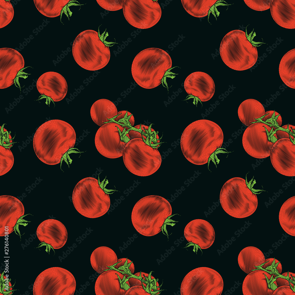 Tomatoes seamless pattern. Vector illustration of tomatoes in engraving technique isolated on black background. Tomatoes seamless pattern. Vector illustration of tomatoes in engraving technique isolated on black background.